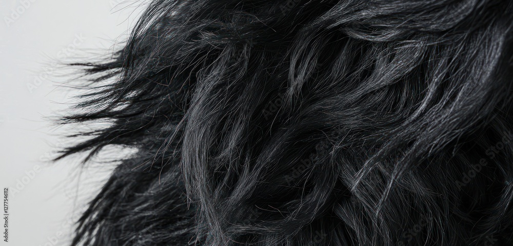 Coarse strands and layered natural patterns texture this matte black fur. Coarse strands and layered natural patterns texture this matte black fur.