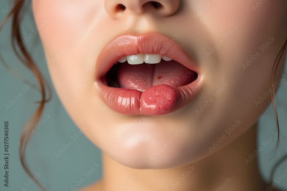 Obraz premium Close-up of a young Caucasian woman with a swollen lower lip