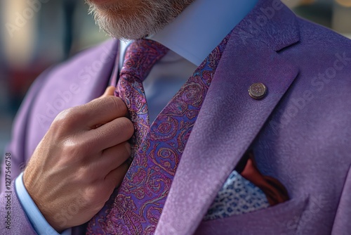 A close-up of a well-dressed manâ€™s hand adjusting a tie to complement his new suit purchase.