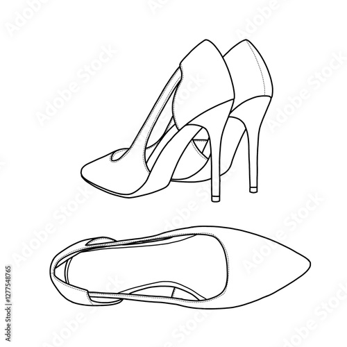 Technical sketch drawing of women's stiletto heels pump pointed-toe line art. Top and back view. Flat sketch vector, outline vector doodle illustration. Isolated on a white background