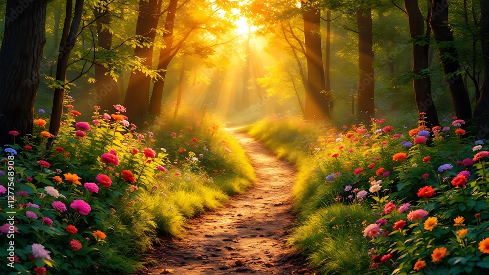 Obraz premium Golden rays cascade through verdant tapestry of a lush woodland, casting ethereal patterns of luminescence upon enchanted forest floor