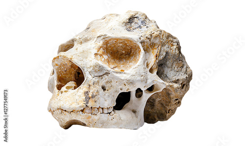 Fossil hominid skull, side view, museum exhibit, educational photo