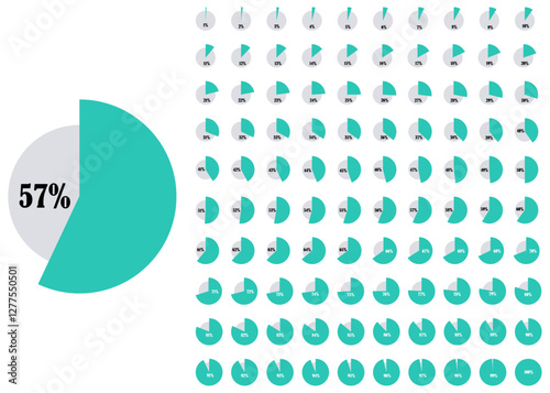 Full set of pie chart icons from 1 to 100 percent on white background. Percentage pie chart icon for data visualization. Donut style data chart for reports and metrics. Vector illustration