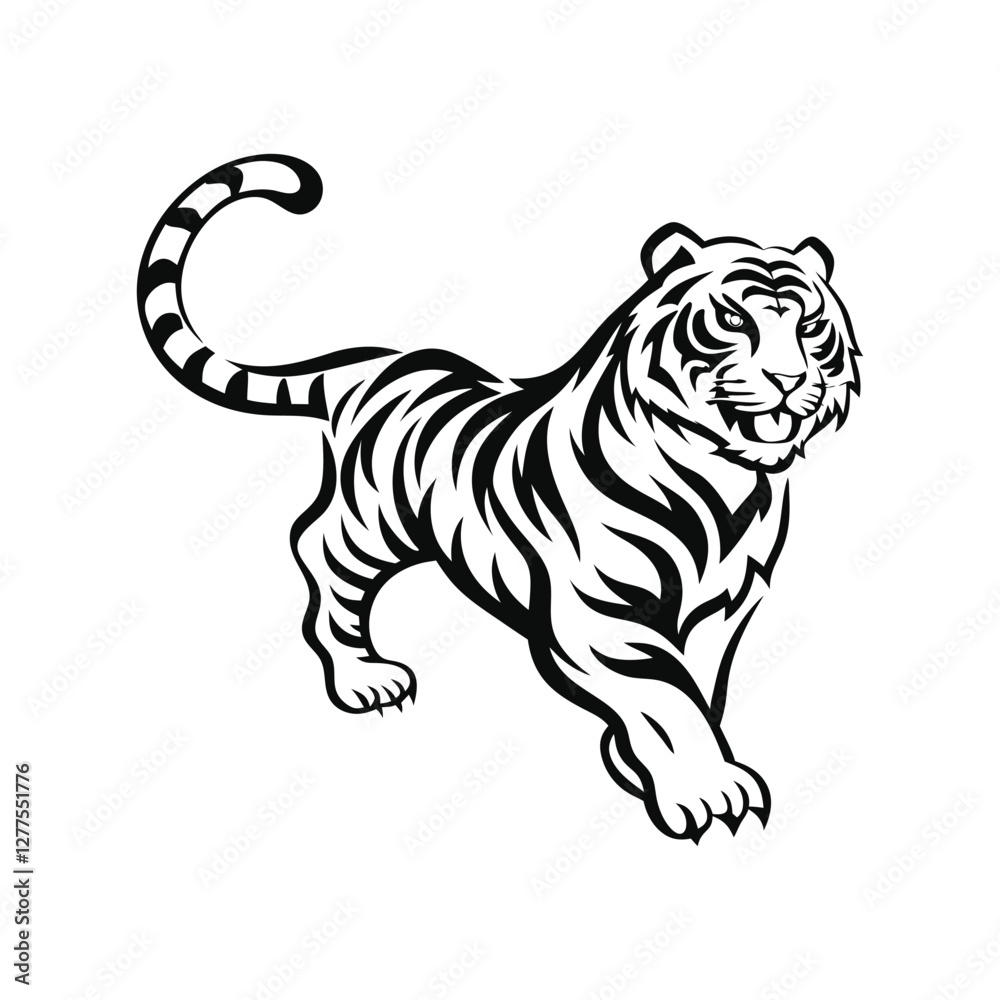 Obraz premium Strong and fierce cartoon tiger character showing muscle power in an aggressive and bold pose