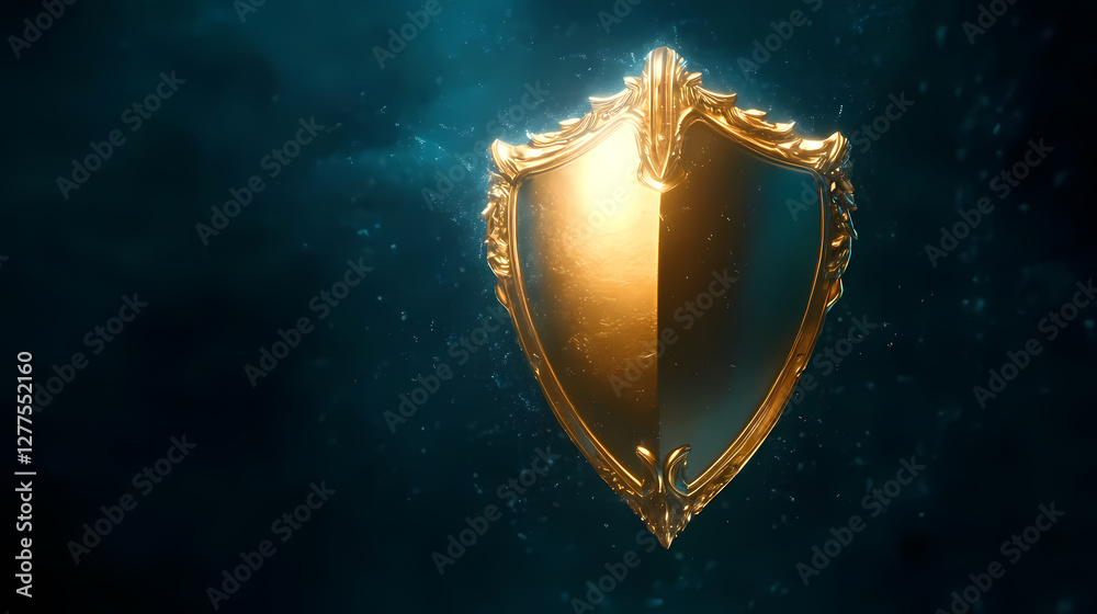 Fototapeta premium Close-up of a Golden Shield on Deep Blue Background