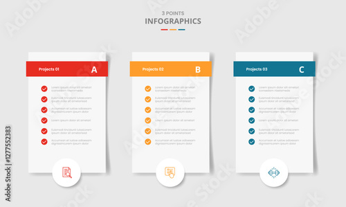 3 points template comparison concept for infographic with vertical box with checklist and circle badge bottom with drop shadow style with two point list information