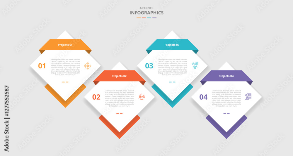 4 points template comparison concept for infographic with diamond shape up and down on horizontal direction with drop shadow style with two point list information