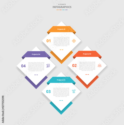 4 points template comparison concept for infographic with creative diamond shape on diamonds structure with drop shadow style with two point list information