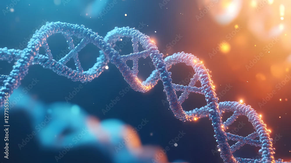 DNA Double Helix in Blue and Orange Gradient Background with Golden Dots DNA Double Helix in Blue and Orange Gradient Background with Golden Dots