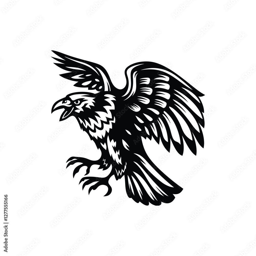 Fototapeta premium Stylized crow in mid-flight with detailed feathers and bold, striking design