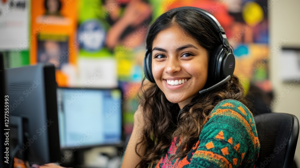 Smiling woman with headset at a vibrant call center, focused on work Smiling woman with headset at a vibrant call center, focused on work