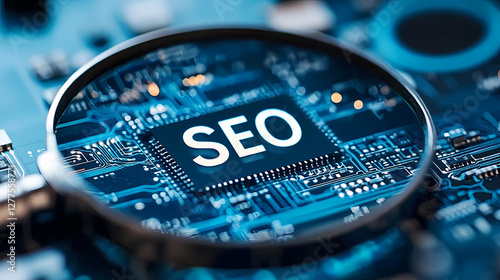SEO Chip on Blue Circuit Board with Magnifying Glass
