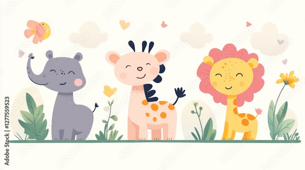 Naklejka premium Cute cartoon animals in a garden setting. Three adorable baby animals, a hippo, giraffe, and lion, happily standing in a lush, floral garden. A bird flies overhead, adding to the cheerful scene.