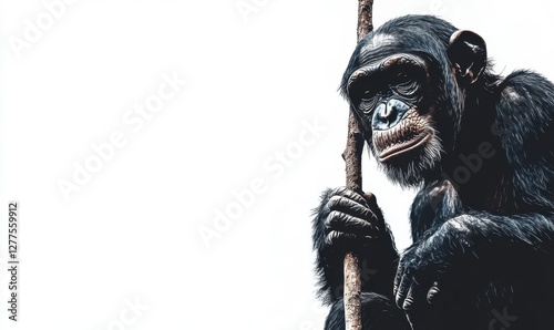 A contemplative chimpanzee holding a stick against a plain background, showcasing its expressive features