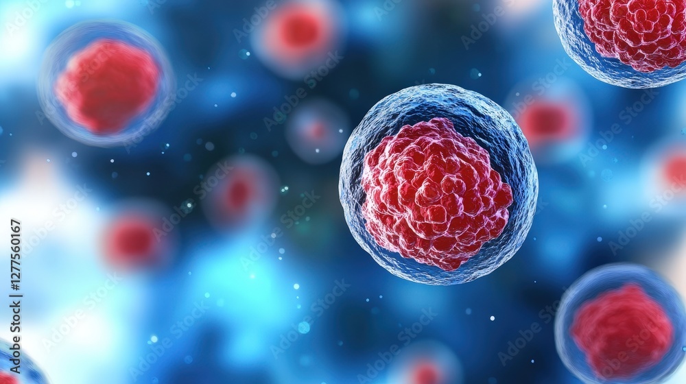 Naklejka premium Vibrant, close-up view of biological cells with red centers, showcasing their intricate structure against a blue background.