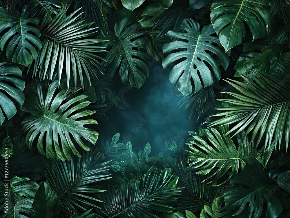 Fototapeta premium Lush green leaves surrounding tranquil space tropical forest nature photography calm environment top view serenity