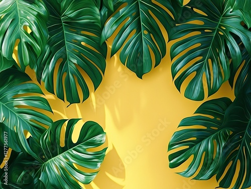 Lush green tropical leaves yellow background botanical art bright environment top-down view nature concept photo