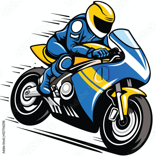 Cartoon motorcyclist in full gear riding a racing motorcycle with a dynamic and fast-paced design