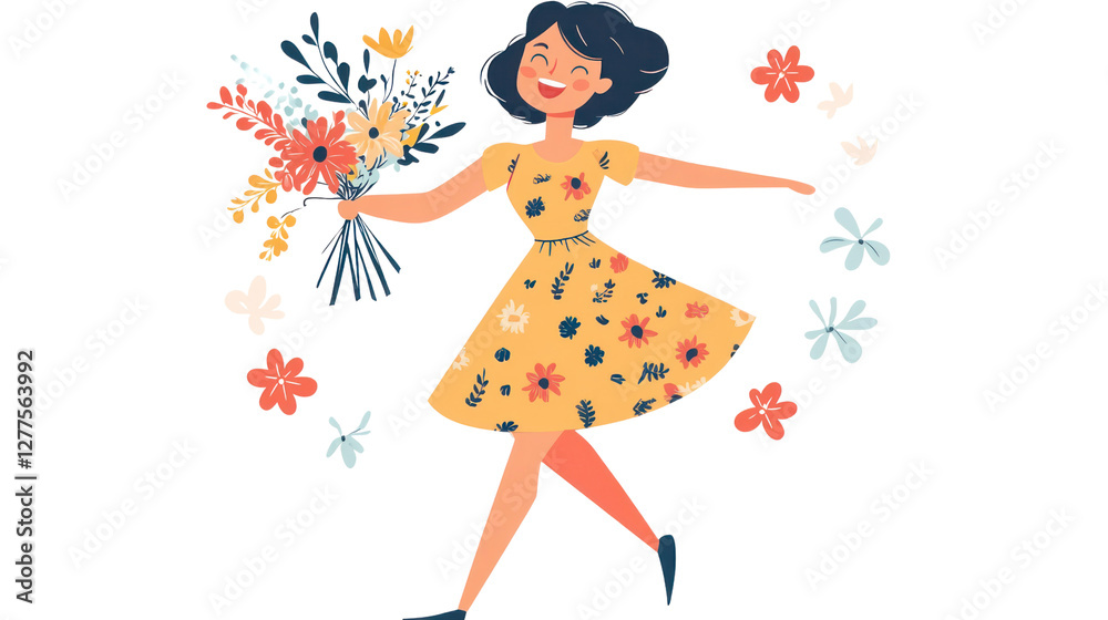 A cheerful woman in a floral dress joyfully holds a bouquet of colorful flowers, embodying happiness and celebrating nature's beauty. A cheerful woman in a floral dress joyfully holds a bouquet of colorful flowers, embodying happiness and celebrating nature's beauty.