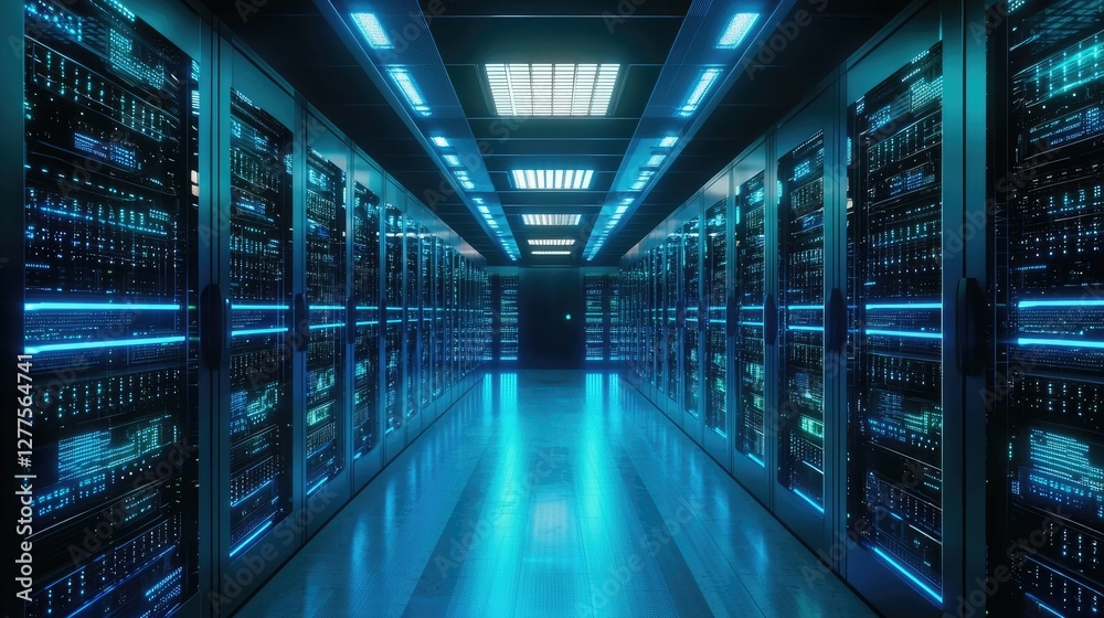 Obraz premium Futuristic server room with glowing blue racks, symbolizing cybersecurity, data processing, and cloud computing. Ideal for IT, networking, and digital security themes