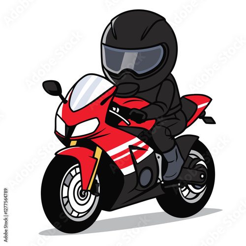 Cartoon motorcyclist wearing a full helmet, riding a red sports bike in a dynamic and fast-paced design