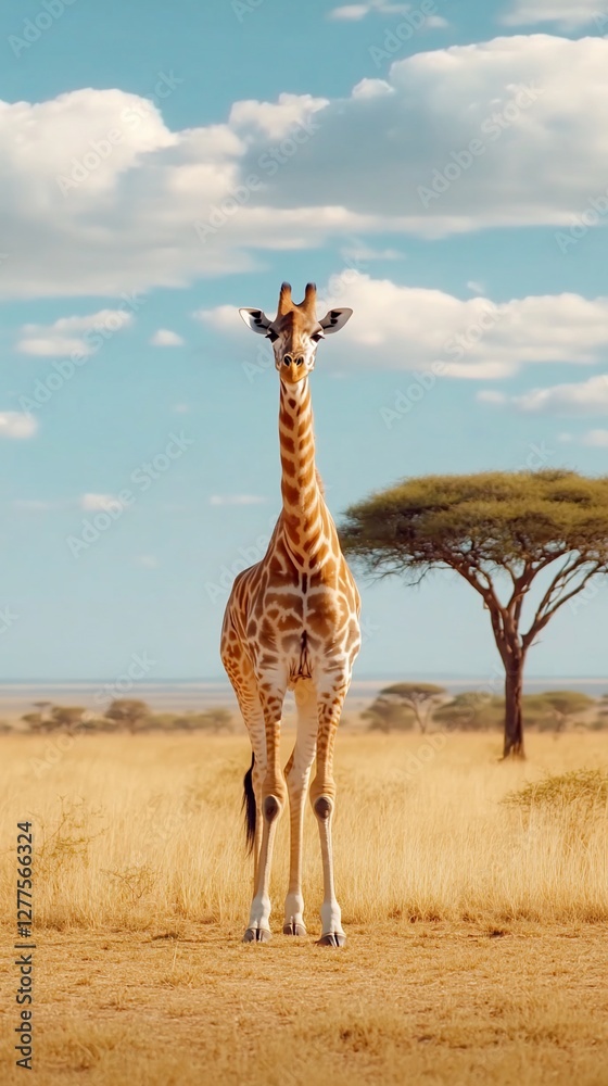 Obraz premium Giraffe in African savanna, sunny sky. Wildlife photography for travel brochures