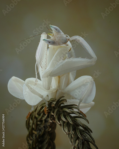 Potrait close-up orchid mantis on pine leaves, 20 February 2025 Indonesia photo