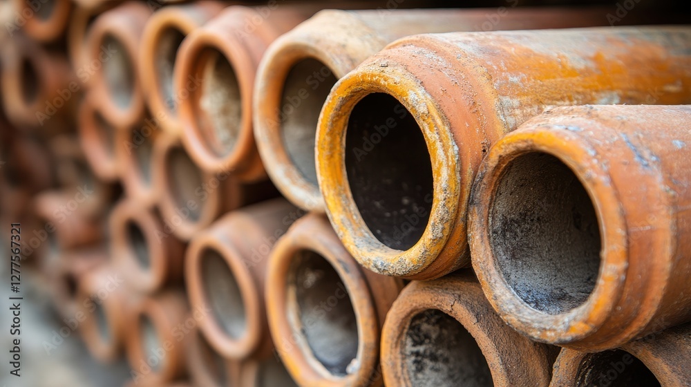 Stacked clay pipes, weathered and worn, show age. Image ideal for construction, industrial, or rustic themes. Stacked clay pipes, weathered and worn, show age. Image ideal for construction, industrial, or rustic themes.