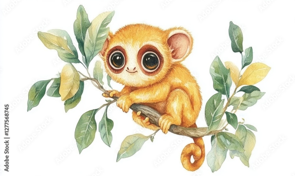 Obraz premium A cute orange monkey with large eyes sitting on a branch surrounded by green leaves