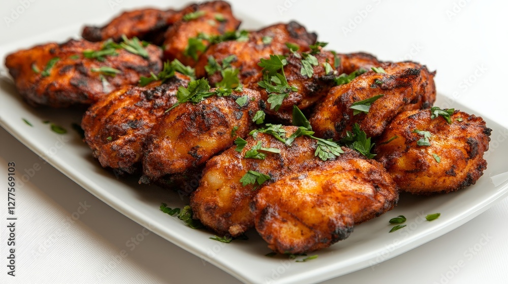 A platter of grilled chicken wings garnished with fresh herbs. A platter of grilled chicken wings garnished with fresh herbs.