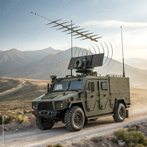 A military electronic warfare truck equipped with powerful jamming devices and radar detection systems. Antennas extend from the roof, emitting signals to disrupt enemy communications on a modern batt