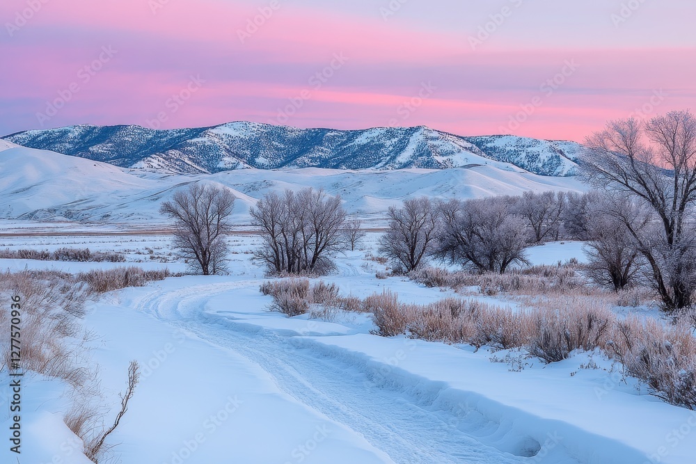 Snowy path winds through frosted winter landscape, serene mountain view at sunrise, ideal for winter, nature, and travel themes. Snowy path winds through frosted winter landscape, serene mountain view at sunrise, ideal for winter, nature, and travel themes.