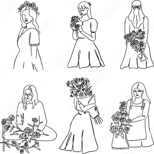 A collection of minimalist line art illustrations featuring elegant women with flowers and botanical elements