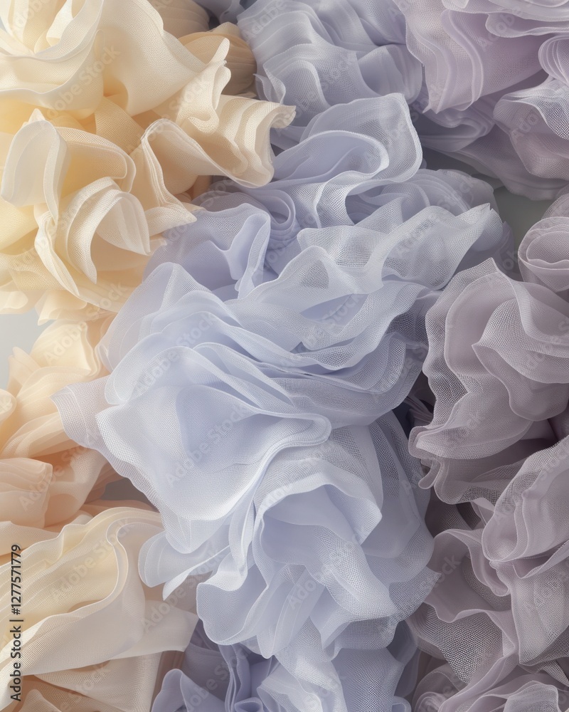 Fototapeta premium A close-up of soft, ruffled fabrics in pastel colors, showcasing delicate textures and layers.