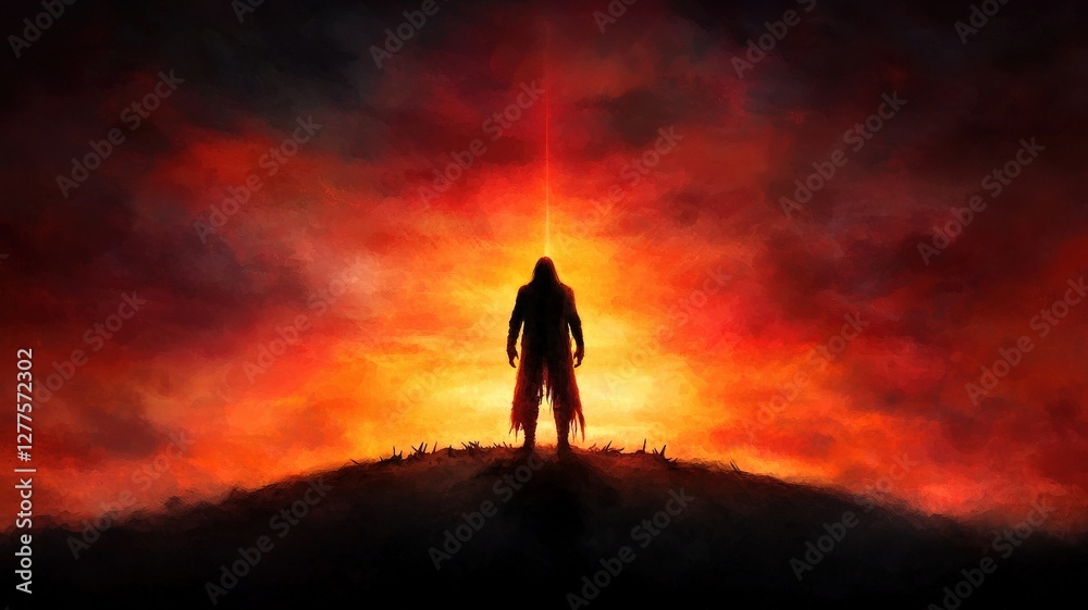 A warrior standing on a hill, gazing at the ruined battlefield, sword planted in the ground, dawn breaking, a symbol of hope and sorrow, high fantasy, painterly style A warrior standing on a hill, gazing at the ruined battlefield, sword planted in the ground, dawn breaking, a symbol of hope and sorrow, high fantasy, painterly style