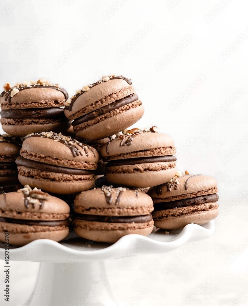 Delicious Chocolate Macarons on a White Display Stand Delicious Chocolate Macarons on a White Display Stand