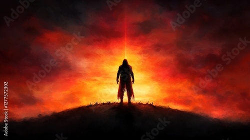 A warrior standing on a hill, gazing at the ruined battlefield, sword planted in the ground, dawn breaking, a symbol of hope and sorrow, high fantasy, painterly style