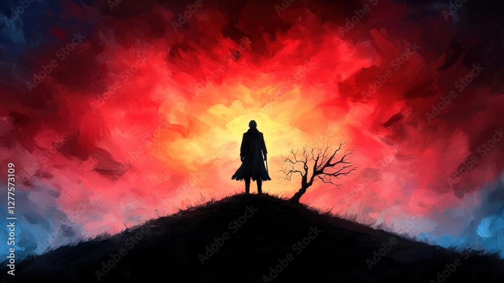 Fototapeta premium A warrior standing on a hill, gazing at the ruined battlefield, sword planted in the ground, dawn breaking, a symbol of hope and sorrow, high fantasy, painterly style