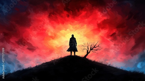 A warrior standing on a hill, gazing at the ruined battlefield, sword planted in the ground, dawn breaking, a symbol of hope and sorrow, high fantasy, painterly style