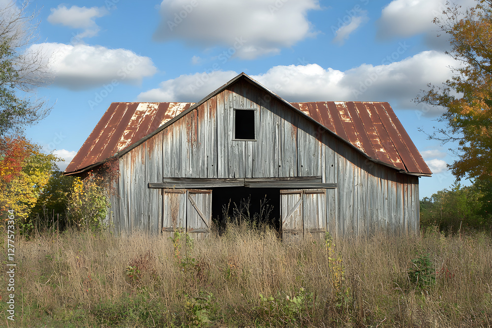 Rural Nostalgia: Echoes of the Past in a Weathered Wooden Barn Amidst a Rolling Field Under Blue Skies Rural Nostalgia: Echoes of the Past in a Weathered Wooden Barn Amidst a Rolling Field Under Blue Skies