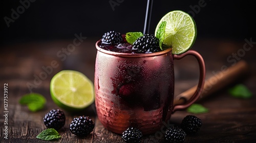 Refreshing cocktail with blackberries and lime in a copper mug.