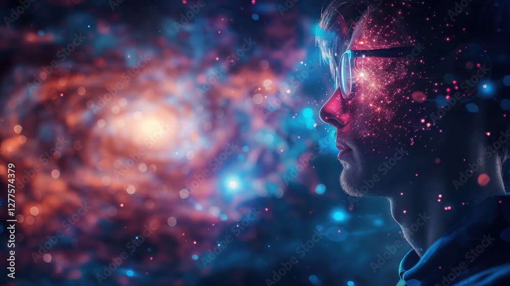 Contemplative Man with Cosmic Background Illustrating Deep Thought and Imagination in a Universe of Stars and Colors Contemplative Man with Cosmic Background Illustrating Deep Thought and Imagination in a Universe of Stars and Colors