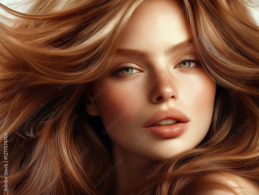 Beautiful woman with long auburn hair flowing in the wind Beautiful woman with long auburn hair flowing in the wind
