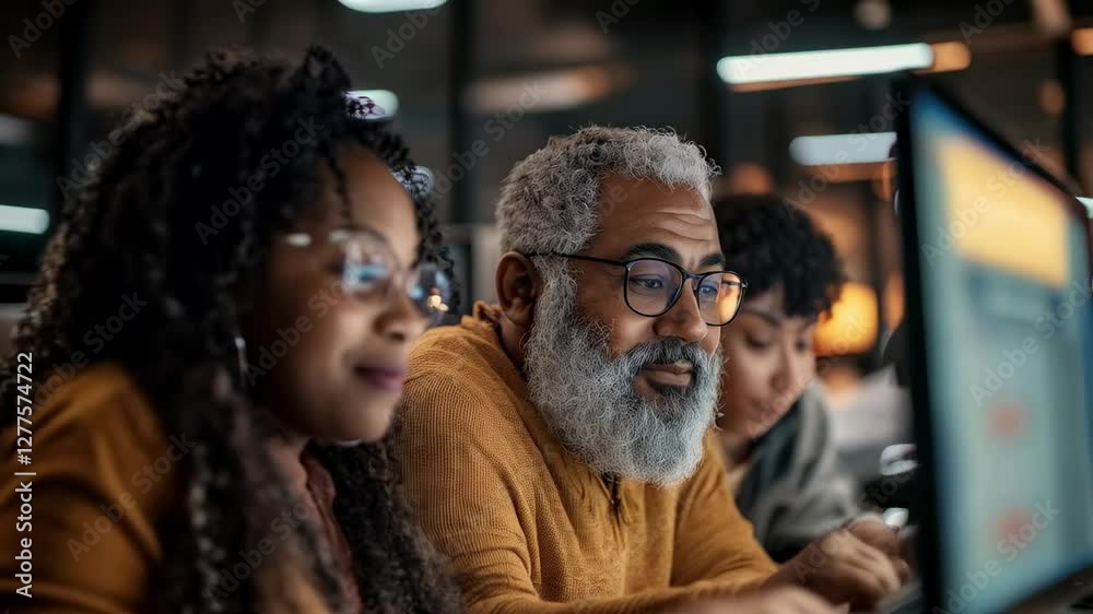 Diverse Group of People Engaged Laughing Together While Working on Technology in a Modern Workspace, Featuring a Senior Man With Gray Beard and Younger Individuals Diverse Group of People Engaged Laughing Together While Working on Technology in a Modern Workspace, Featuring a Senior Man With Gray Beard and Younger Individuals