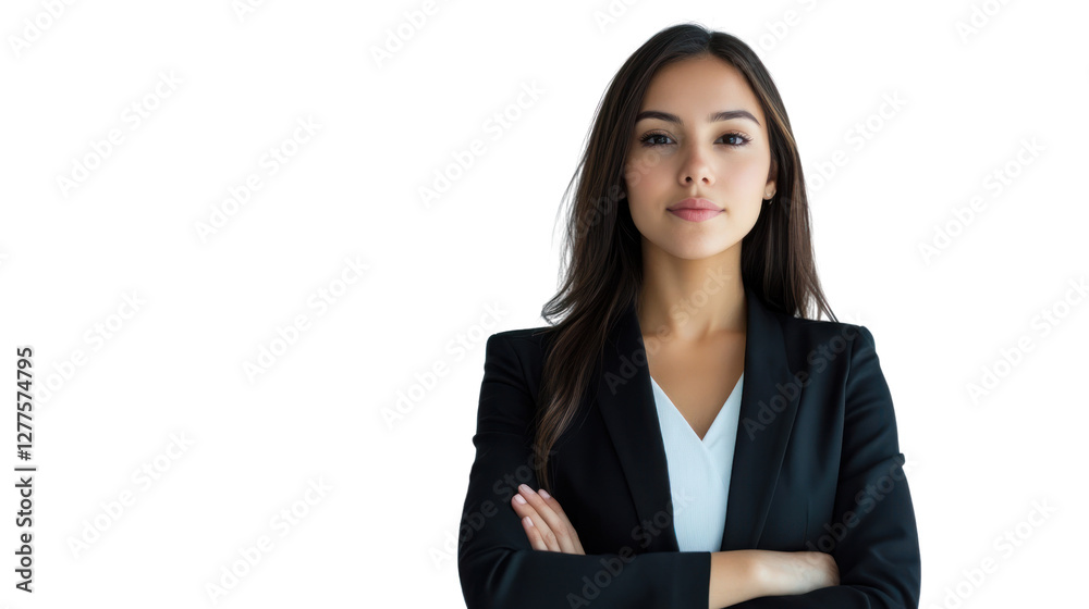 A confident young woman in a professional outfit stands with arms crossed, showcasing her determination and readiness for business challenges. A confident young woman in a professional outfit stands with arms crossed, showcasing her determination and readiness for business challenges.