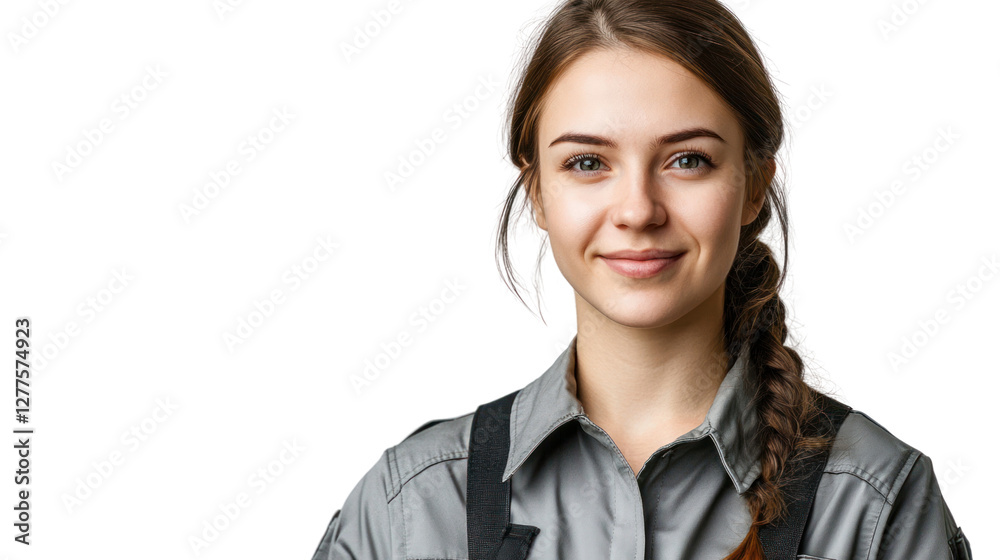 A confident young woman smiles warmly while wearing a gray work shirt. Her professional demeanor reflects competence and dedication in her field. A confident young woman smiles warmly while wearing a gray work shirt. Her professional demeanor reflects competence and dedication in her field.
