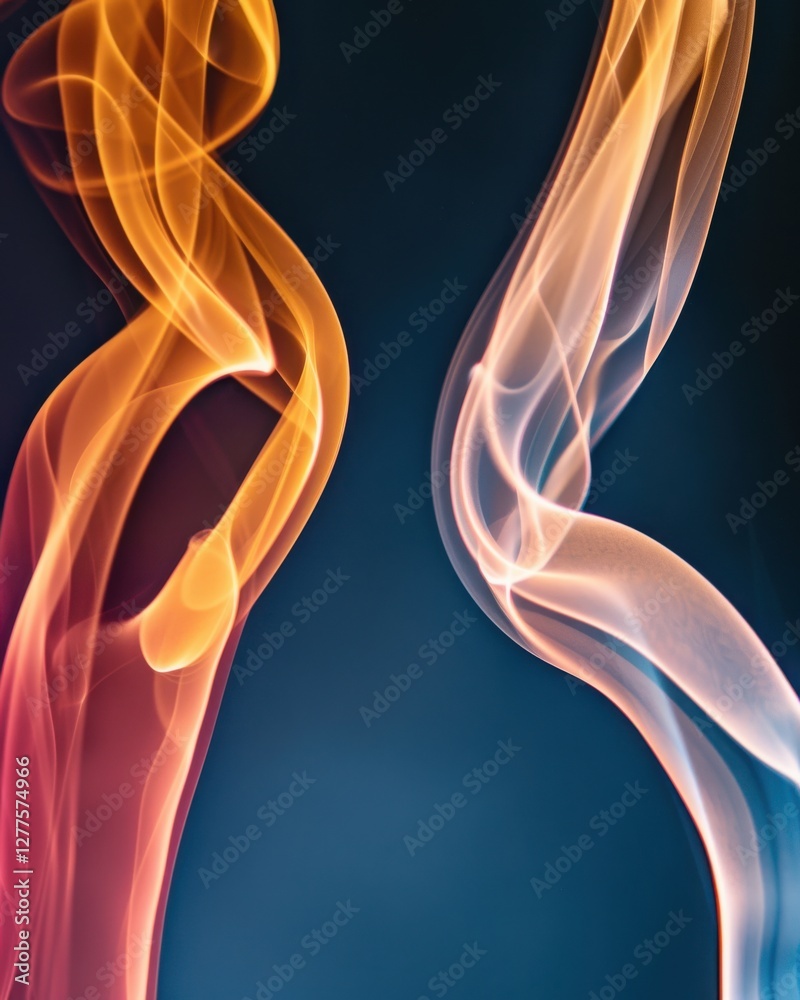Naklejka premium An abstract display of colorful smoke swirls against a dark background, showcasing fluid motion and intricate patterns in orange and blue tones.