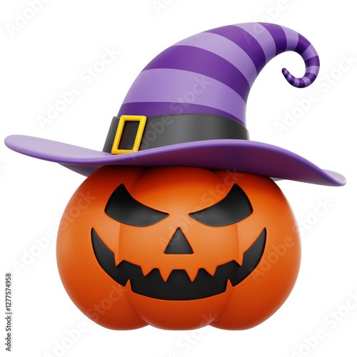 The image shows a Halloween jack-o'-lantern wearing a purple witch hat with black and yellow details, presented in digital art. photo