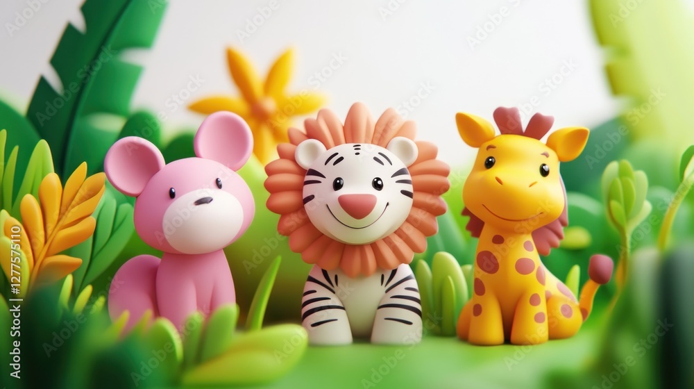 Naklejka premium Cute cartoon animals in a jungle setting. Three friendly, stylized animal figurines, a mouse, lion, and giraffe, positioned amidst lush greenery and flowers, creating a cheerful, playful scene.