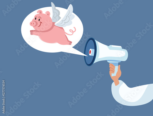Person Spreading False Rumors About Pigs Flying Vector Concept Design. Individual Disseminating Fabricated Tales and propaganda in a  loudspeaker
